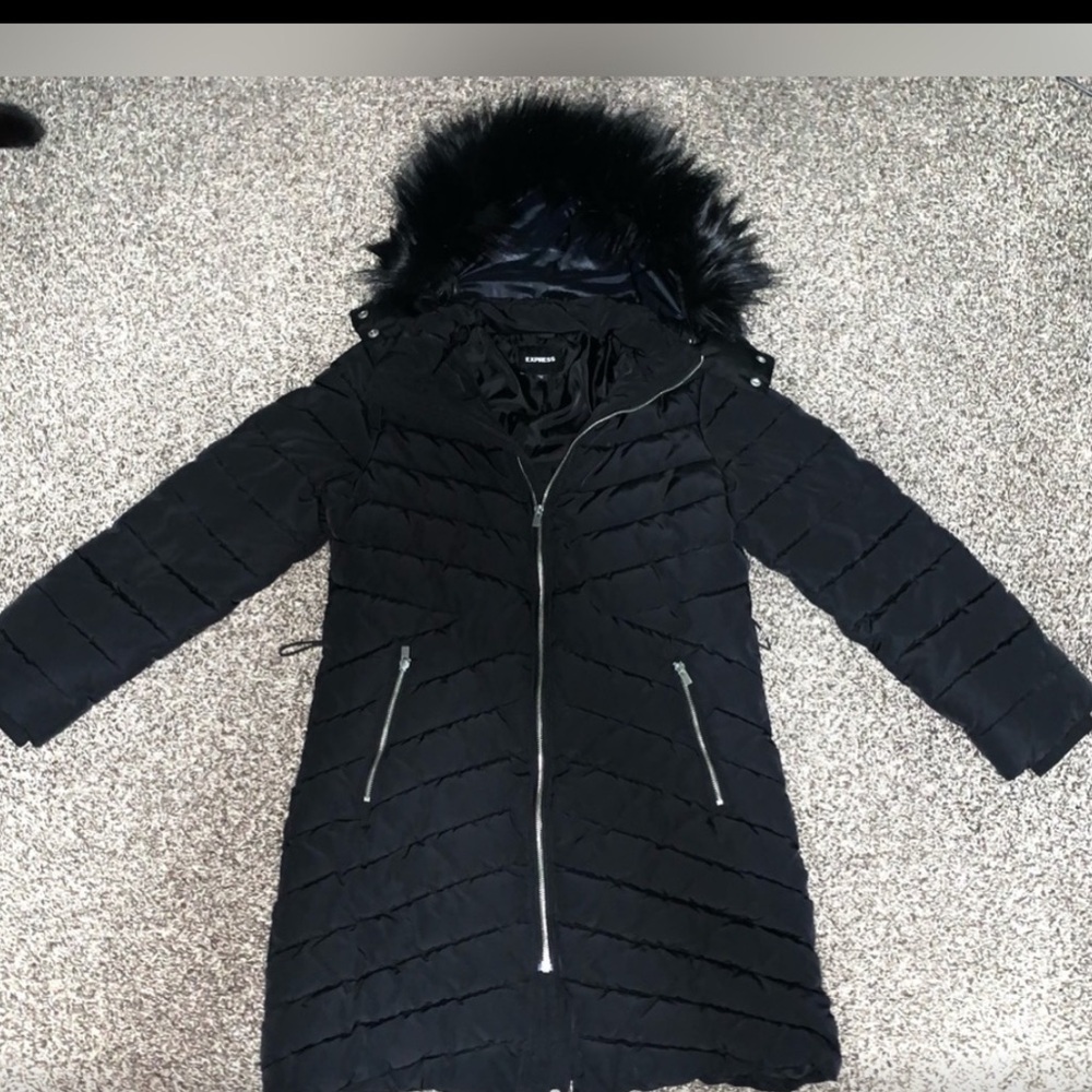 Express Black Quilted Coat with Faux Fur Hood